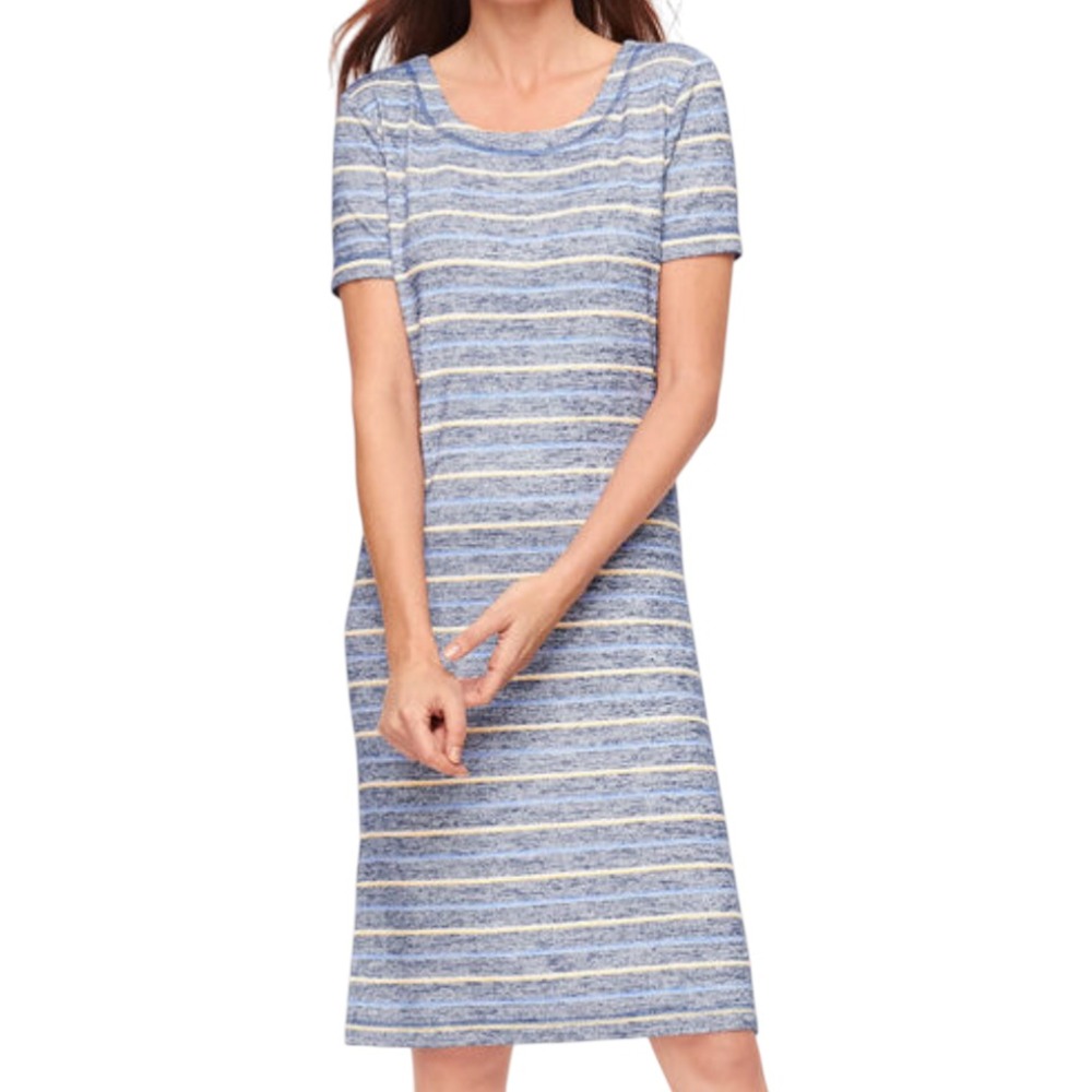 T by TALBOTS Heather Stripe TWIST BACK SHIFT DRESS T-SHIRT Blue/Yellow/White M